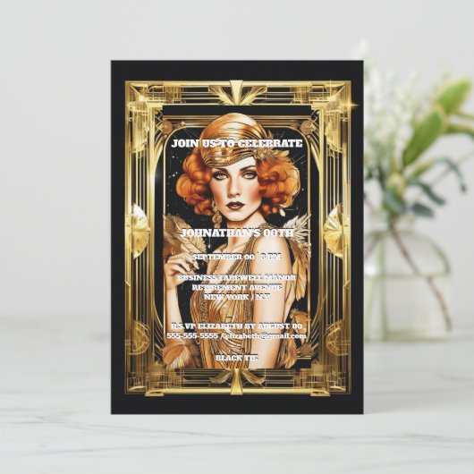 Gatsby Flapper meisje formeel zwart stropdas evene Kaart (Staand voorkant)