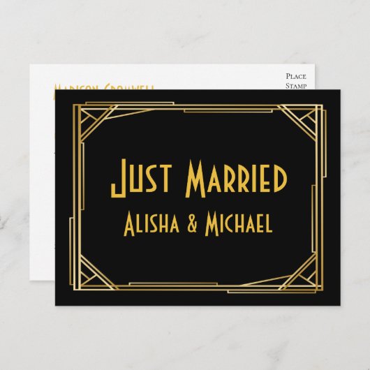 Gatsby Gewoon Getrouwd Goud Zwart Art Deco Bruilof Aankondigingskaart (Voorkant / Achterkant)