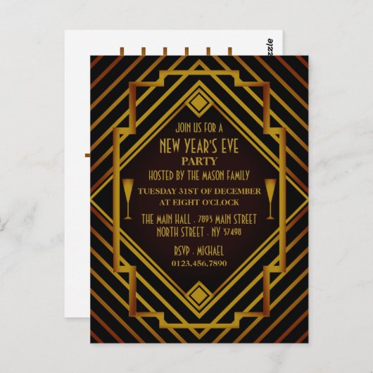 Gatsby Gold 1920's New Year Party Invitation (Devant / Derrière)