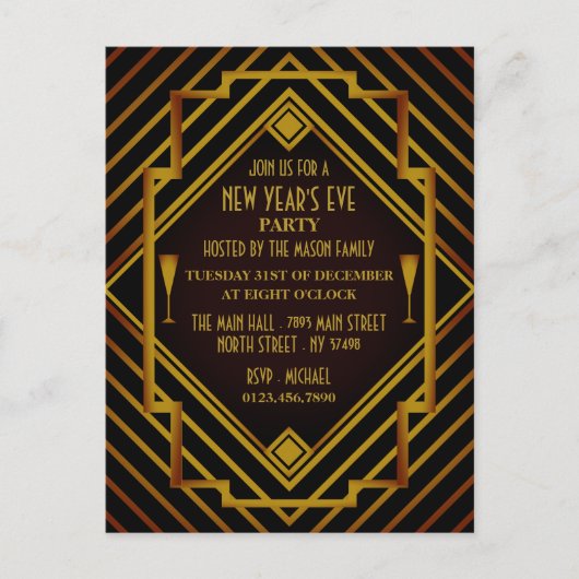 Gatsby Gold 1920's New Year Party Invitation (Devant)