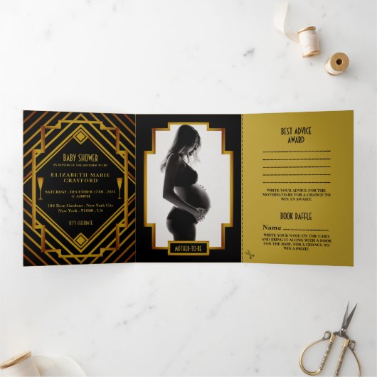 Gatsby Gold 2020 Baby shower Suite Drieluik Uitnodiging (Binnen)