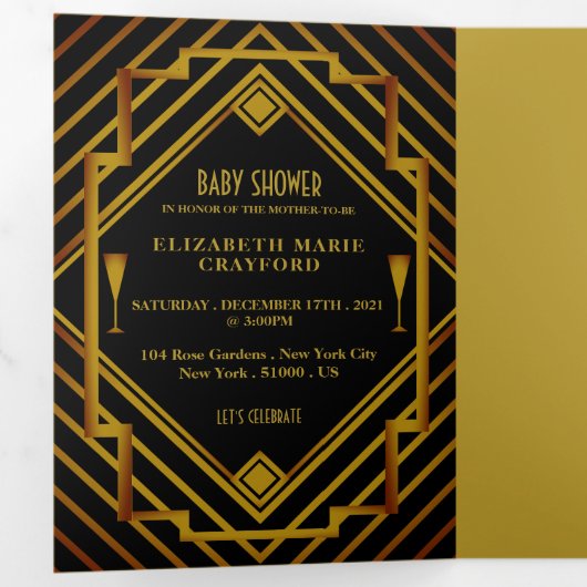 Gatsby Gold 2020 Baby shower Suite Drieluik Uitnodiging (Binnenzijde eerst)