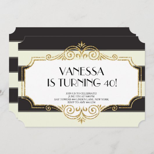 Gatsby Gold Black Parties scintillant Invitations  (Devant / Derrière)