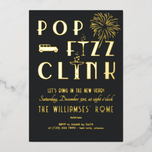 Gatsby Pop Fizz Clink Art Deco Nieuwjaarsfeest Folie Uitnodiging
