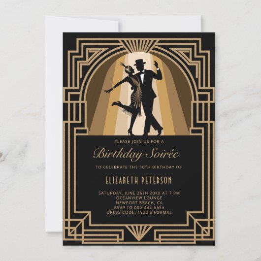 Gatsby Roaring 1920 Art Deco Zwart Goud Verjaardag Kaart (Voorkant)