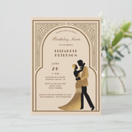 Gatsby Roaring Twenties Deco Boog Beige Verjaardag Kaart (Staand voorkant)