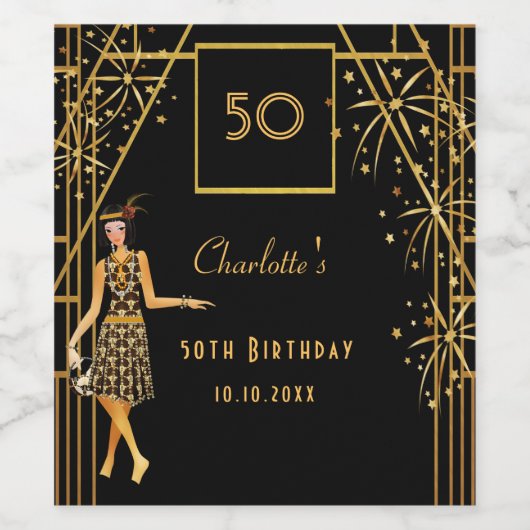 Gatsby Verjaardagsfeest zwart goud retro art deco Wijn Etiket (Enkel label)