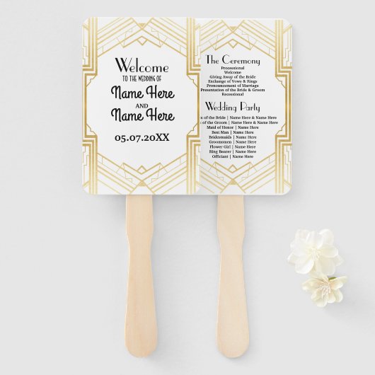Gatsby White Art Deco Trouwprogramma Hand Fan Handwaaier (Voorkant en achterkant)