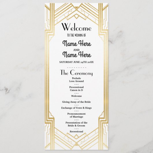 Gatsby White & Gold Art Deco 1920s Wedding Program Programma (Voorkant)