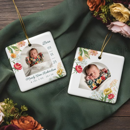 Gauche Floral Wildflower Baby Birth Stat Photo Keramisch Ornament