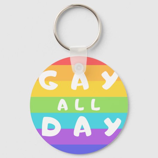 'Gay All Day' regenboogstraal LGBT+ Pride Round Ke Sleutelhanger (Voorkant)
