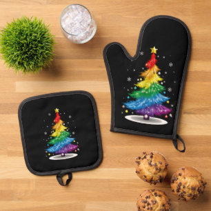 Gay LGBT Pride Regenboog Kerstboom Prettig Kerstfe Ovenwant & Pannenlap Set