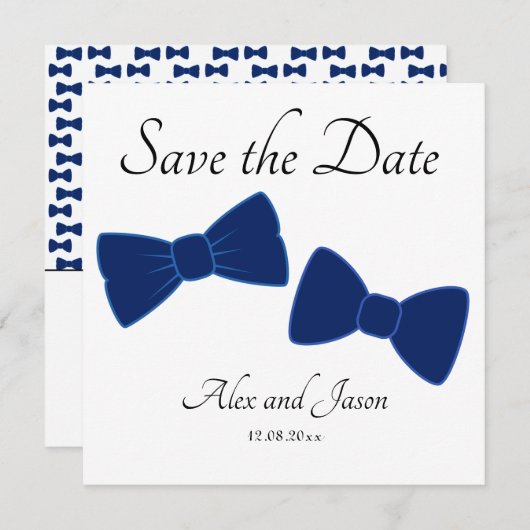 Gay Mannen Bow Stropdas Blauw Wit Save the Date Br (Voorkant / Achterkant)