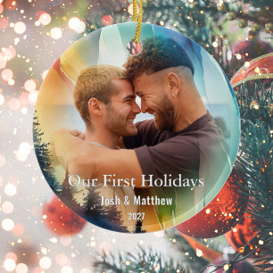 Gay Onze Eerste Vakantie Foto Regenboog Keramisch Ornament