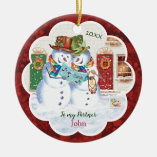 Gay, Partner, 2 Cute Snowmen Caroling, xmas Keramisch Ornament