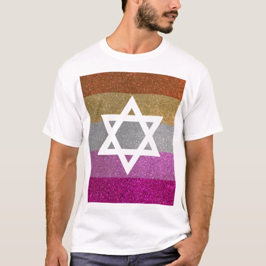 Gay Pride Glitter Lesbisch Joods Star of David T-shirt (Voorkant)