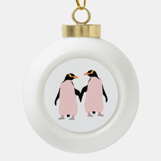 Gay Pride Lesbian Penguins Holding Hands Keramische Bal Ornament (Voorkant)
