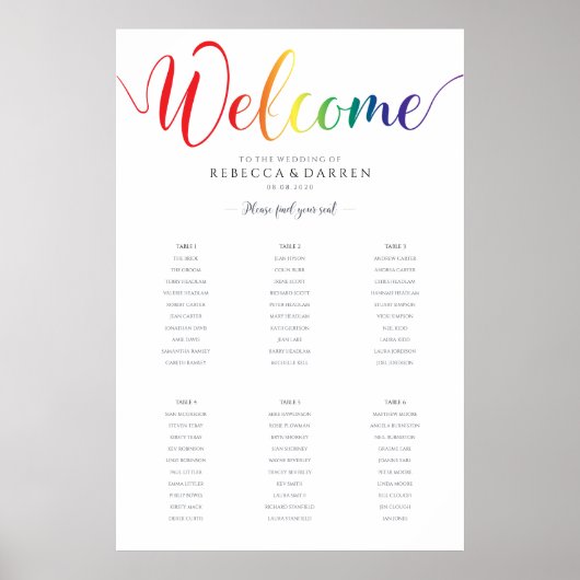 Gay Pride Rainbow Wedding Seding Chart 6 Tables Poster (Voorkant)