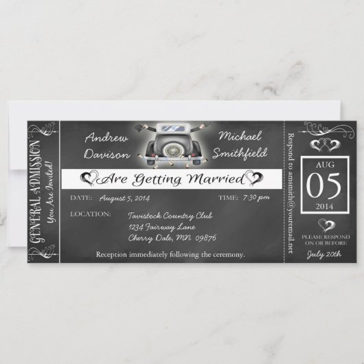 Gay Wedding Chalkboard Ticket Style Uitnodiging (Voorkant)