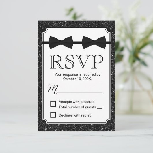 Gay Wedding Double Bow Stropdassen Black Glitter R RSVP Kaartje (Staand voorkant)