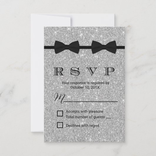 Gay Wedding Double Bow Stropdassen Silver Glitter RSVP Kaartje (Voorkant)