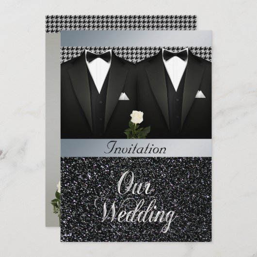 Gay Wedding Uitnodiging met Tuxedo en White Rose (Voorkant / Achterkant)