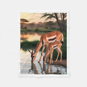 Gazellemoeder en kalf drinken bij waterpoel Blan Fleece Deken
