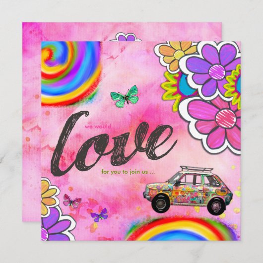 GC | Hippy Tie Dye nodigt roze uit Kaart (Voorkant / Achterkant)