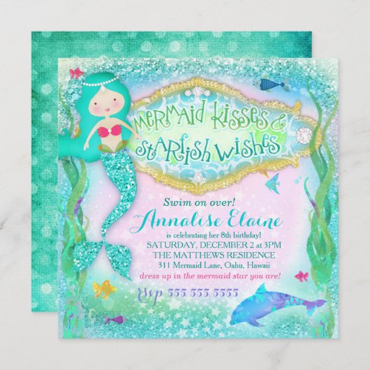 GC Magical Mermaid Invitation Glitter Kaart (Voorkant / Achterkant)