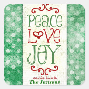 GC Peace Love en Joy Green Red Stippen Vierkante Sticker