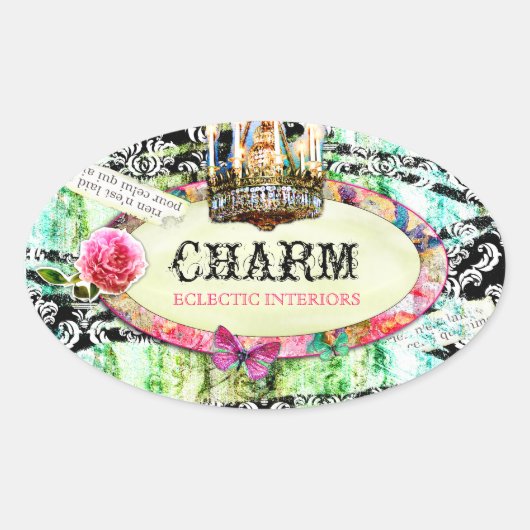 GC | Shabby Charm - Black Damask Ovale Sticker (Voorkant)
