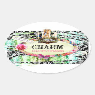 GC   Shabby  Charm - Black Damask Ovale Sticker