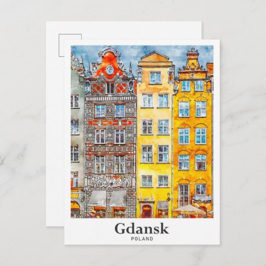Gdansk Polen Reizen Waterverf Hand getekend Briefkaart (Voorkant / Achterkant)