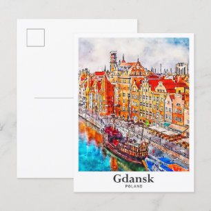 Gdansk Polen Reizen Waterverf Hand getekend Briefkaart