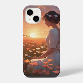 Geanimeerd meisje in het wit zittend in een bloeme iPhone 14 hoesje