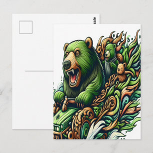 Geanimeerde Beren Rijden op een groene auto Briefkaart