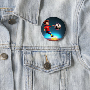 Geanimeerde voetballer met bal, badge ronde button 5,7 cm