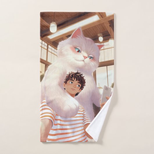 Géant Fluffy : Selfie de chat blanc au café rétro (Serviette à main)