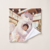 Géant Fluffy : Selfie de chat blanc au café rétro (Gant de toilette)