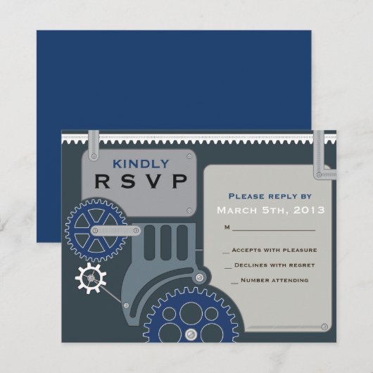 GEARS Bar Bat Mitzvah Invitation RSVP Reply Kaart (Voorkant / Achterkant)