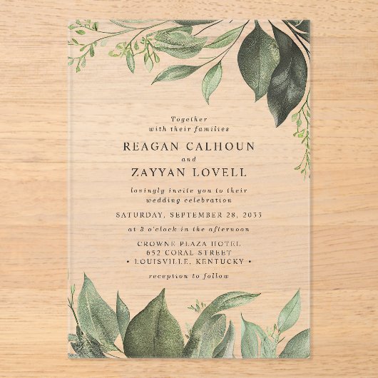 Geavanceerde eucalyptus laat moderne bruiloft acryl uitnodigingen (Voorkant)