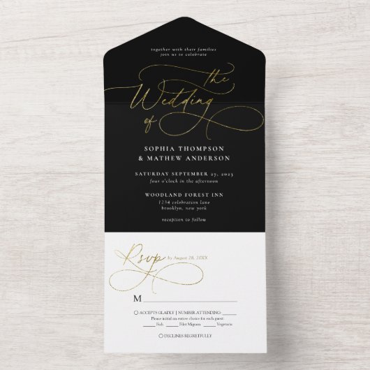 Geavanceerde kalligrafie zwart goud wit bruiloft all in one uitnodiging (Binnen)