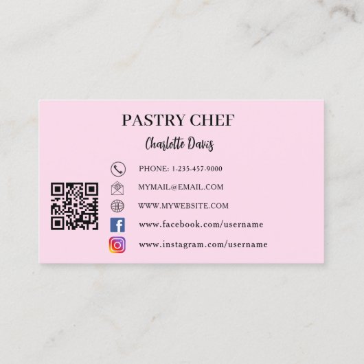 Gebak chef keukengerei slogan QR code roze Visitekaartje (Achterkant)