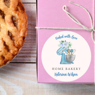 Gebakken met Liefde Blauwe Bloemen Mixer Ronde Sticker