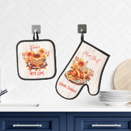 Gebakken met liefde en hete dingen die er doorheen ovenwant & pannenlap set