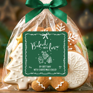 Gebakken Met Liefde Groen Kerst Hand Getekende Doo Vierkante Sticker