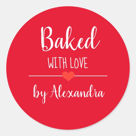 Gebakken met liefde rood wit script naam ronde sticker (Voorkant)