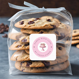 Gebakken met liefde Roze Polka Dot Business Sticke Vierkante Sticker