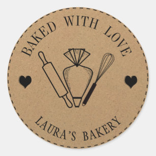 Gebakken met Love Cake Rolling Pin Whisk Piping Ba Ronde Sticker