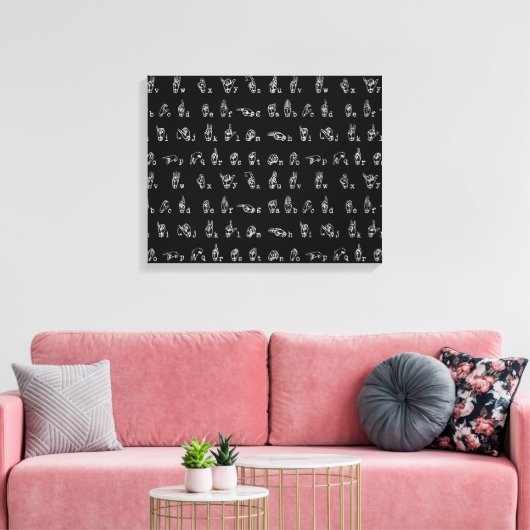 Gebarentaal Alfabet // Wit op Zwart // Canvas Afdruk (Insitu (Woonkamer))